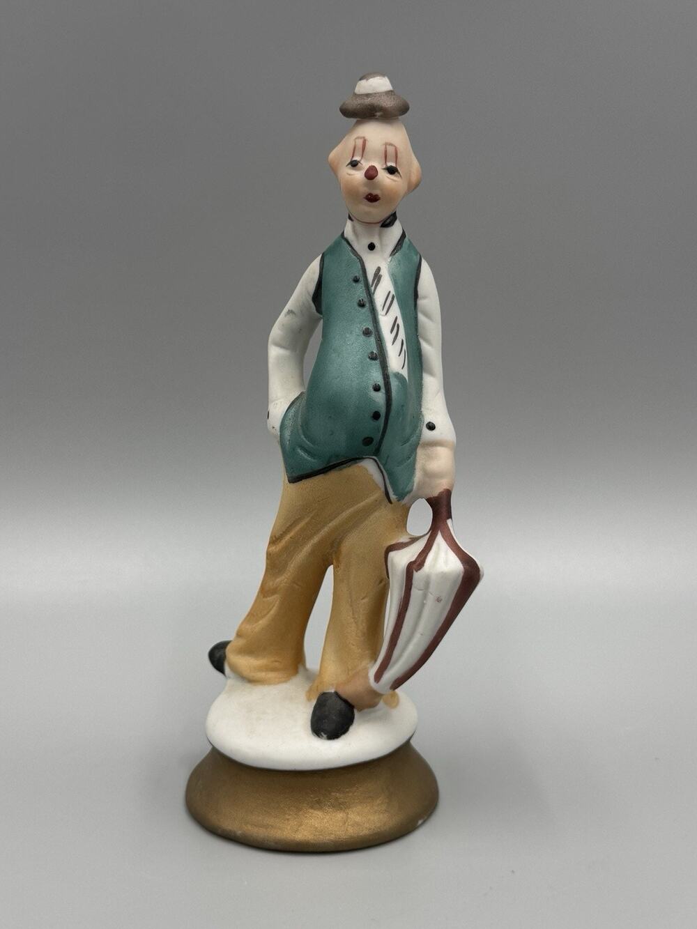 Vintage Frankel Hobo Clown with Teal Vest and Umbrella Figurine 6” Tall